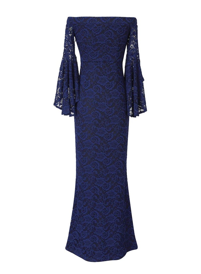 VFSHOW Womens Floral Lace Off Shoulder Bell Sleeve Formal Wedding Maxi Dress 1810 BLU XL - Image 4